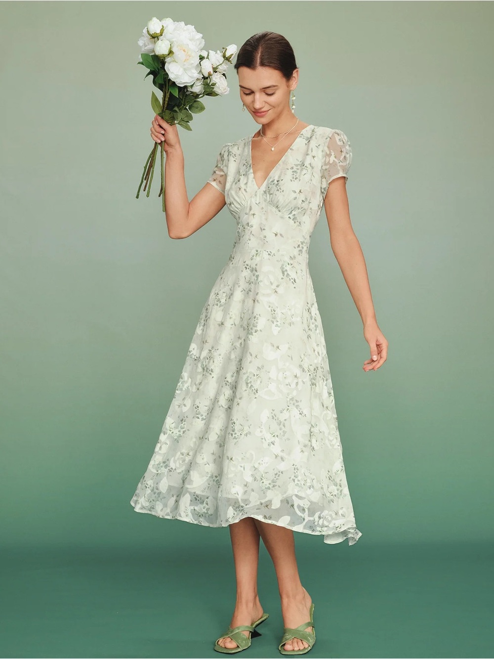Rihoas Green Puffed Sleeve Floral Tunic Midi Dress - Picture 5 of 8